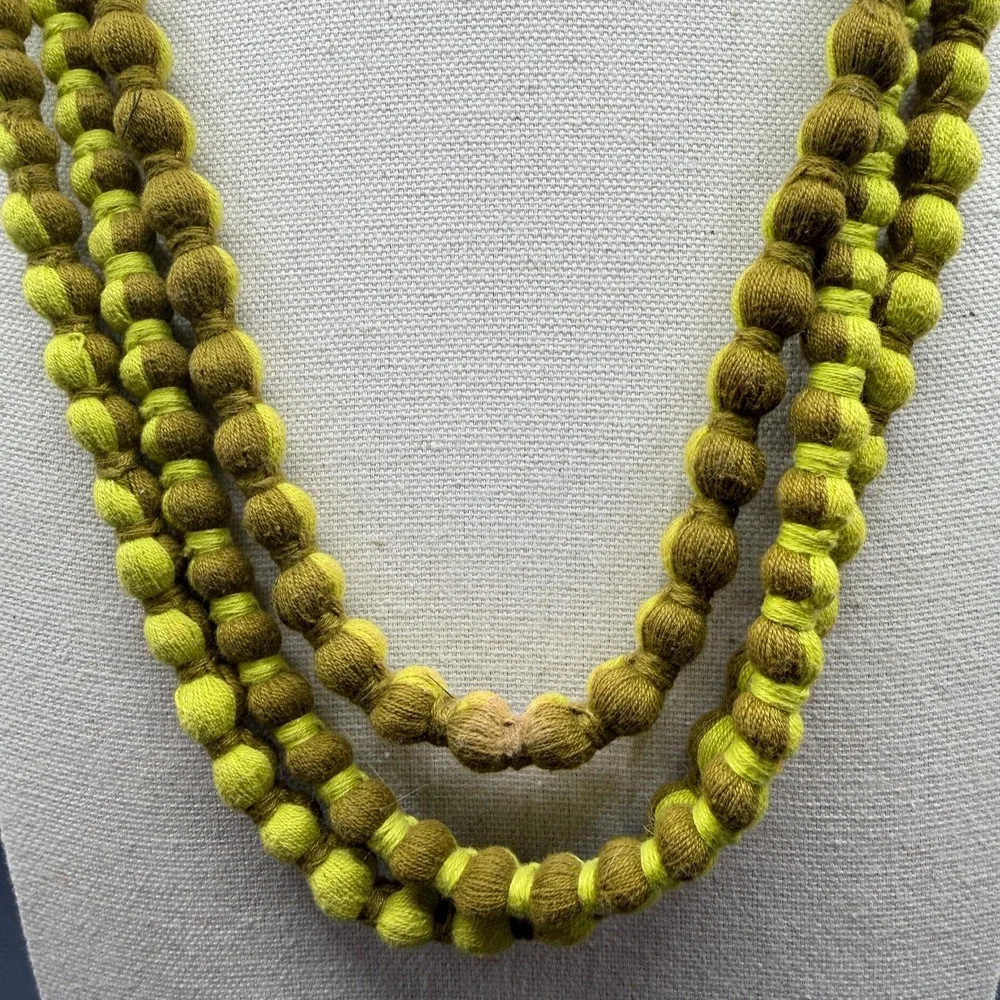 Green Ombre Tone Fabric Bead Necklace Multi Strand Knotted Statement Jewelry
